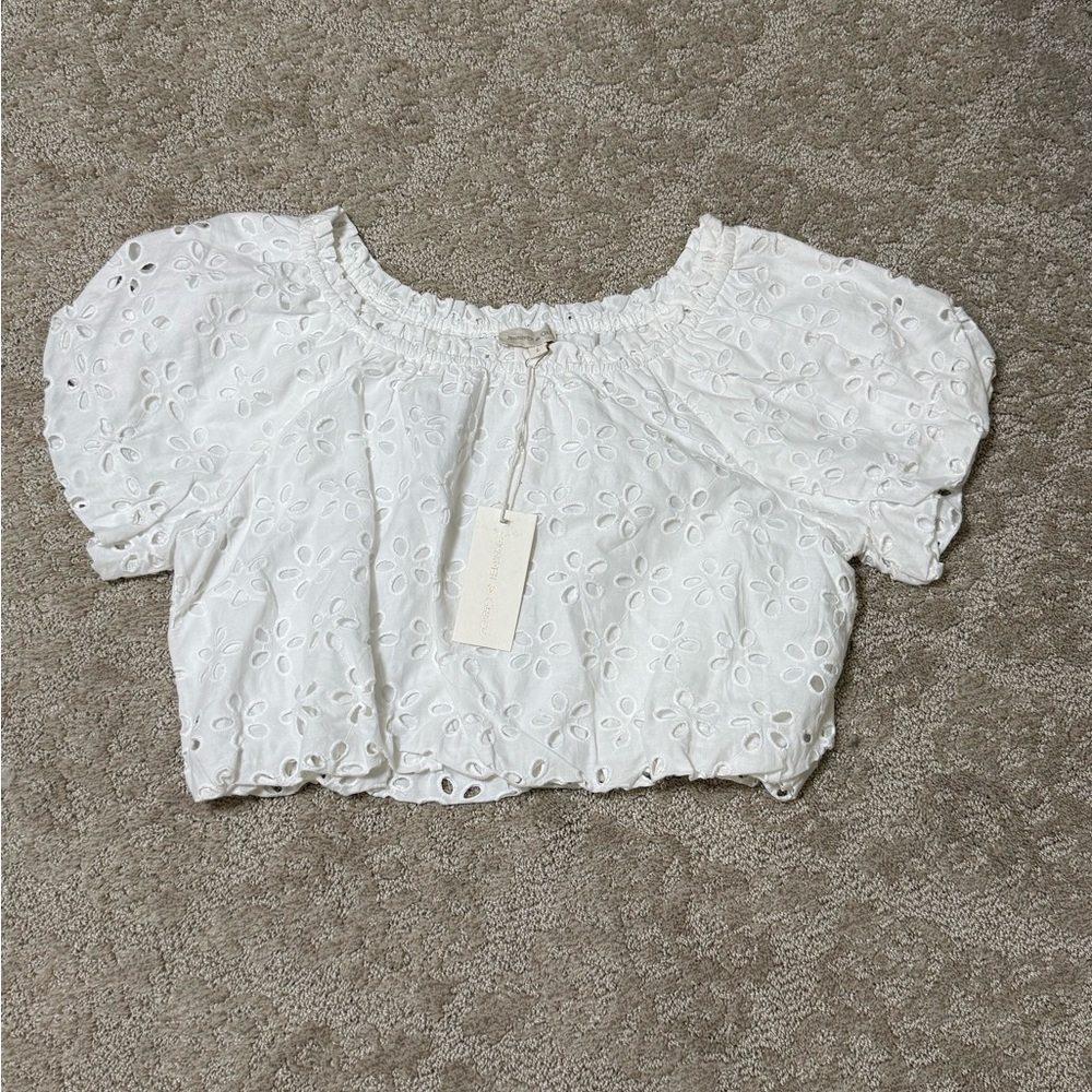 NWT Picnic-core White Eyelet Smocked Off-Shoulder Crop Top